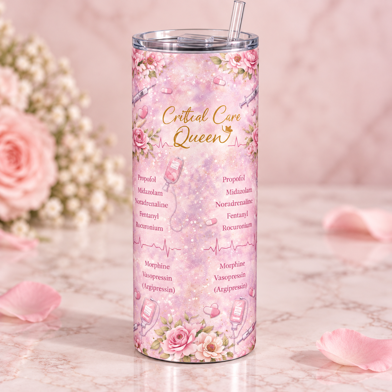 Personalised Critical Care Queen 20 oz Skinny Tumbler